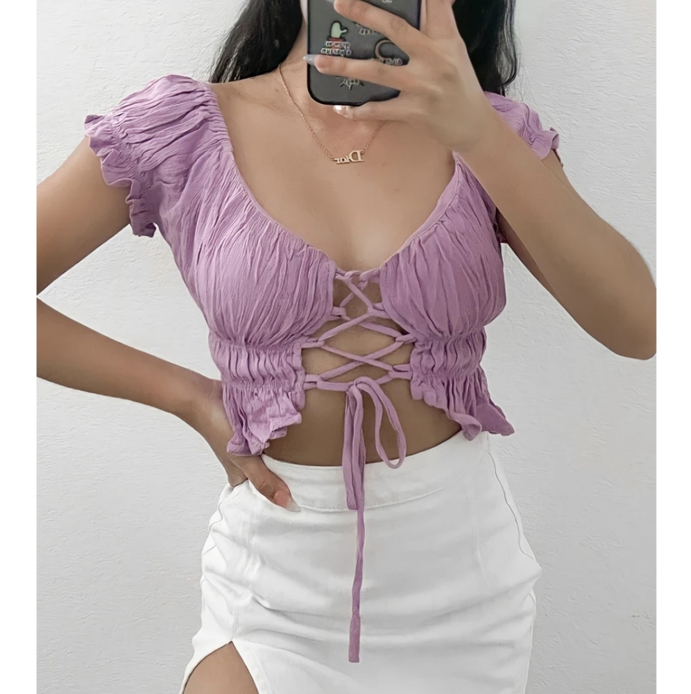 Lilac Lace Up Crop Blouse